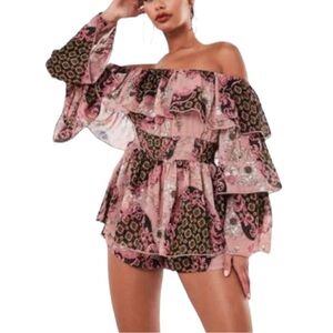 Missguided Pink and Black Paisley Print Bardot Ruffle Romper Women’s 4